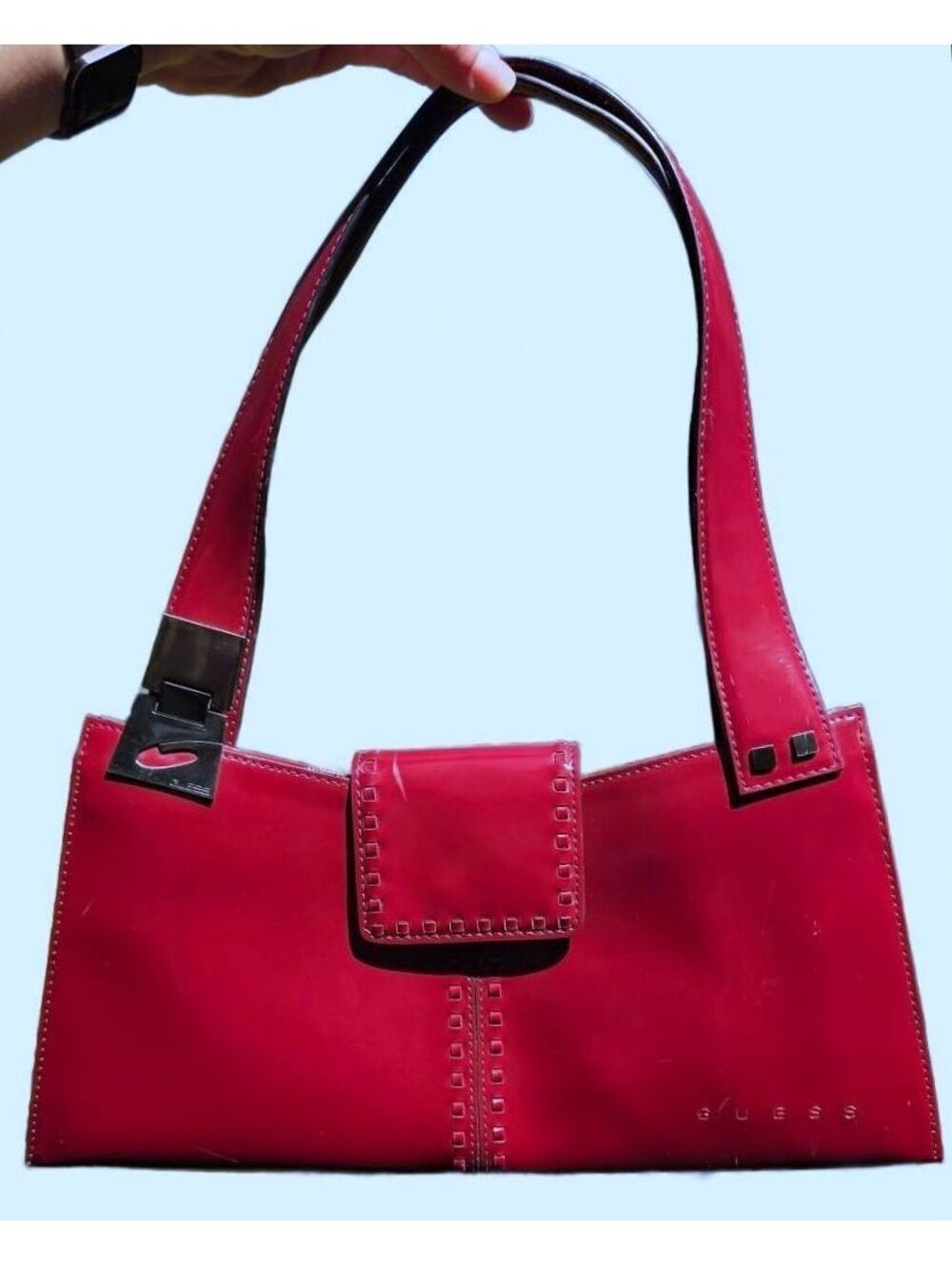 Vintage GUESS Y2K Red Patent Leather Buckle Strap Baguette Shoulder Bag